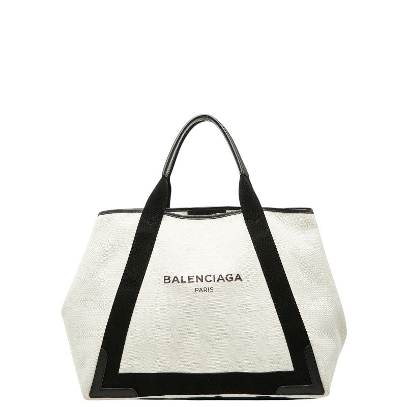 バレンシアガ ネイビーカバスM ハンドバッグ トートバッグ 339936 ホワイト ブラック キャンバス レザー レディース BALENCIAGA 【中古】