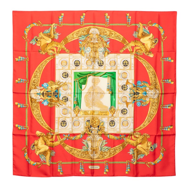 エルメス カレ90 HOMMAGE A CHARLES GARNIER シャルルガルニエへの賛辞 スカーフ レッド マルチカラー シルク レディース HERMES 【中古】