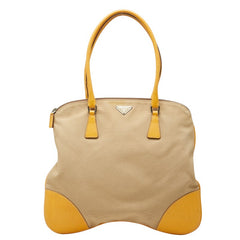 プラダ 三角ロゴプレート トートバッグ ショルダーバッグ ベージュ イエロー系 キャンバス レザー レディース PRADA 【中古】