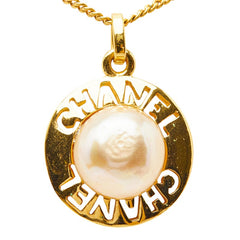 シャネル ロゴ ペンダント ネックレス ゴールド メッキ フェイクパール レディース CHANEL 【中古】