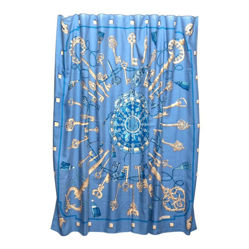 エルメス カレジェアン カレ140 LES CLES THE KEYS RARE 鍵 スカーフ ライトブルー マルチカラー カシミヤ シルク レディース HERMES 【中古】