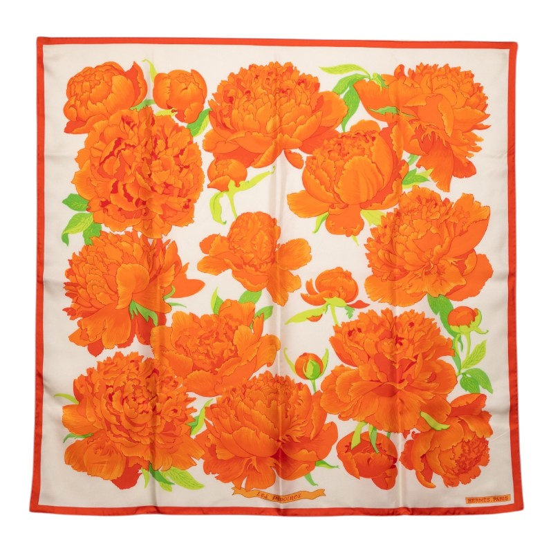 エルメス カレ90 Les Pivoines 芍薬 スカーフ ホワイト オレンジ シルク レディース HERMES 【中古】