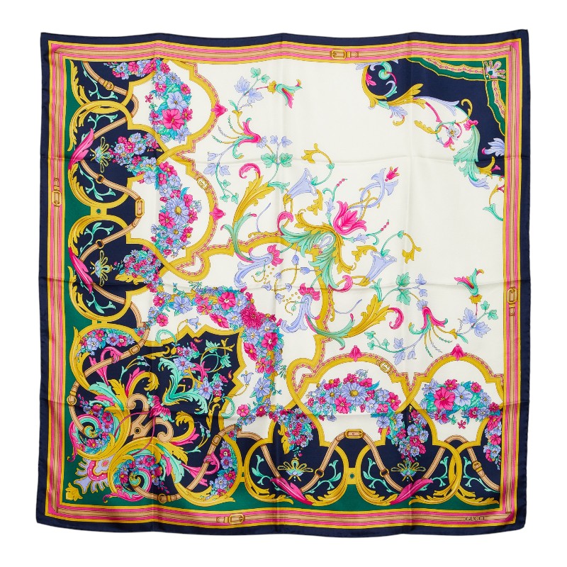 グッチ フローラル スカーフ 大判 ネイビー マルチカラー シルク レディース GUCCI 【中古】