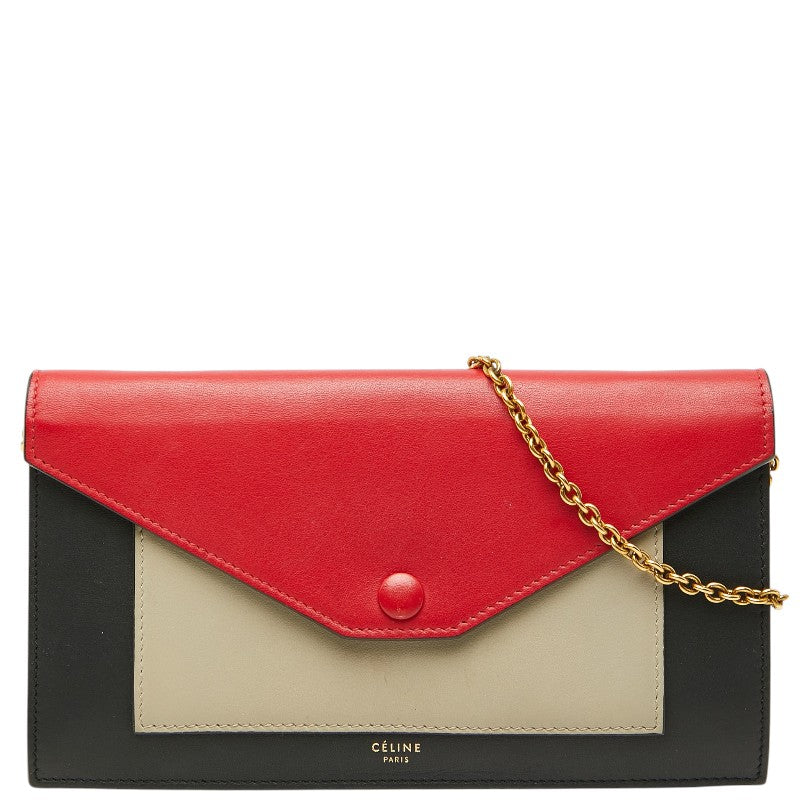 セリーヌ チェーン エンベロップ ウォレット ショルダーバッグ ブラック レッド グレージュ レザー レディース CELINE 【中古】