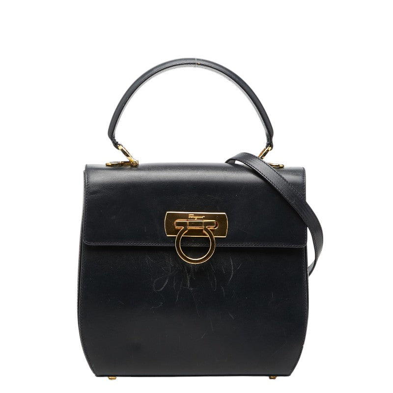 サルヴァトーレフェラガモ ガンチーニ ハンドバッグ ショルダーバッグ 2WAY ネイビー レザー レディース Salvatore Ferragamo 【中古】