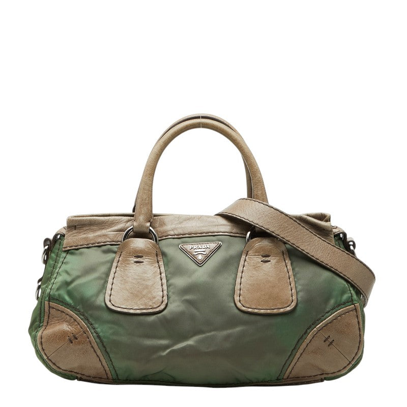 プラダ 三角ロゴプレート ハンドバッグ ショルダーバッグ 2WAY カーキグリーン系 ナイロン レザー レディース PRADA 【中古】