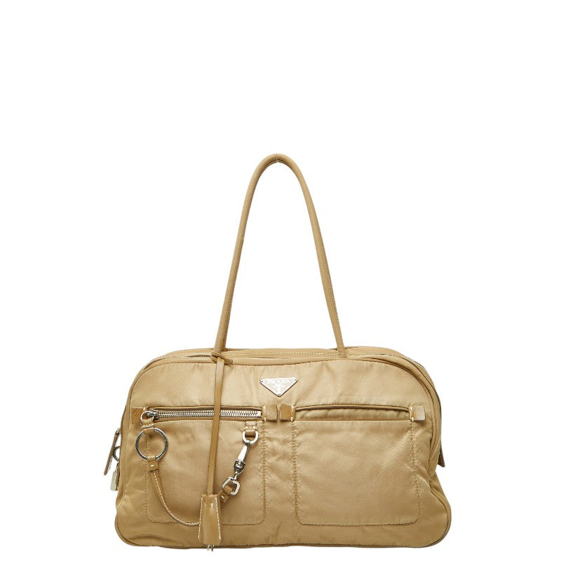 プラダ 三角ロゴプレート テスート ハンドバッグ ショルダーバッグ ベージュ ナイロン レザー レディース PRADA 【中古】
