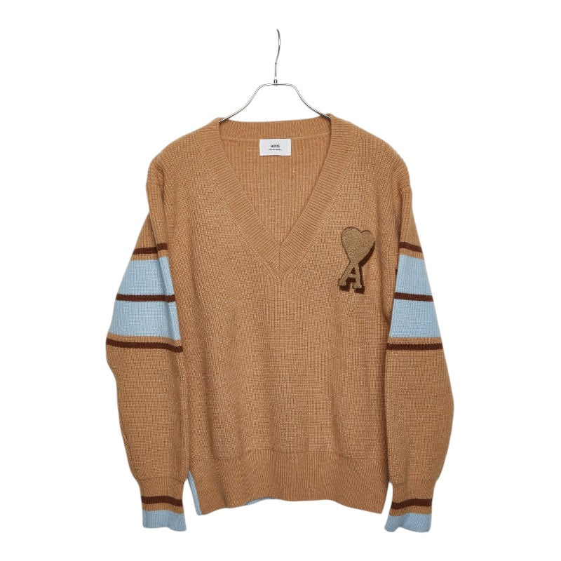 Ami Paris アミ パリス Vネック リブ ニットセーター サイズ M ベージュ ブルー コットン ウール レディース 【中古】