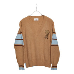 Ami Paris アミ パリス Vネック リブ ニットセーター サイズ M ベージュ ブルー コットン ウール レディース 【中古】