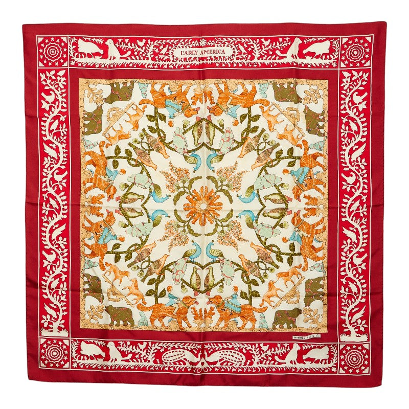 エルメス カレ90 EARLY AMERICA 古き良きアメリカ スカーフ レッド シルク レディース HERMES 【中古】
