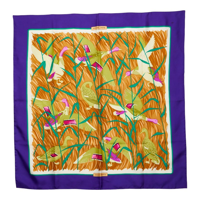 エルメス COLS VERTS マガモ 鴨 鳥 スカーフ パープル 紫 ベージュ シルク レディース HERMES 【中古】