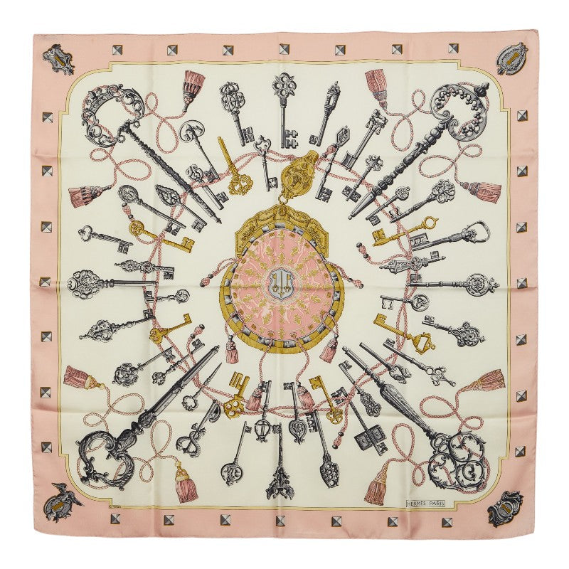 エルメス カレ90 LES CLES THE KEYS RARE 鍵柄 スカーフ 大判 ピンク ホワイト シルク レディース HERMES 【中古】
