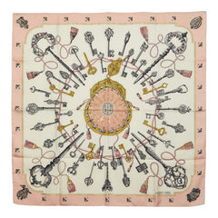 エルメス カレ90 LES CLES THE KEYS RARE 鍵柄 スカーフ 大判 ピンク ホワイト シルク レディース HERMES 【中古】