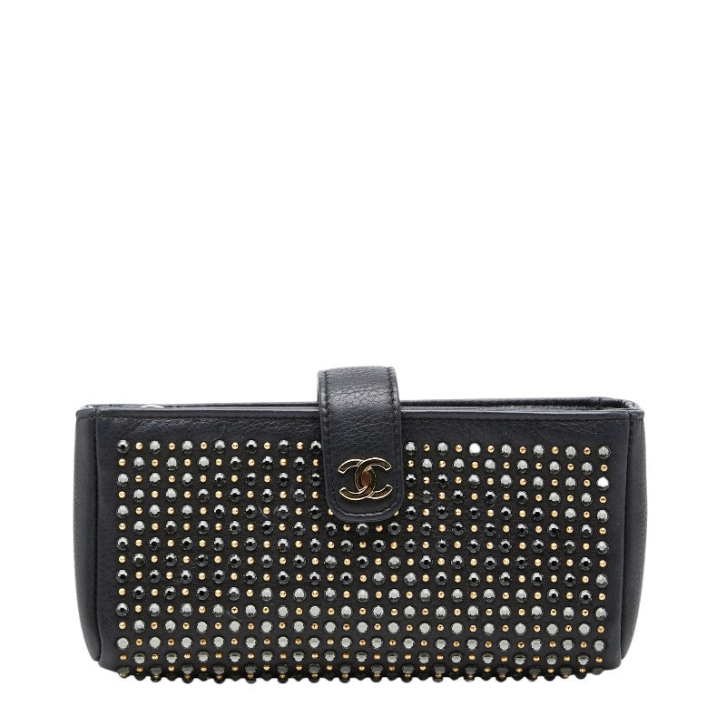 シャネル ココマーク スタッズ ポーチ ブラック レザー ラインストーン レディース CHANEL 【中古】
