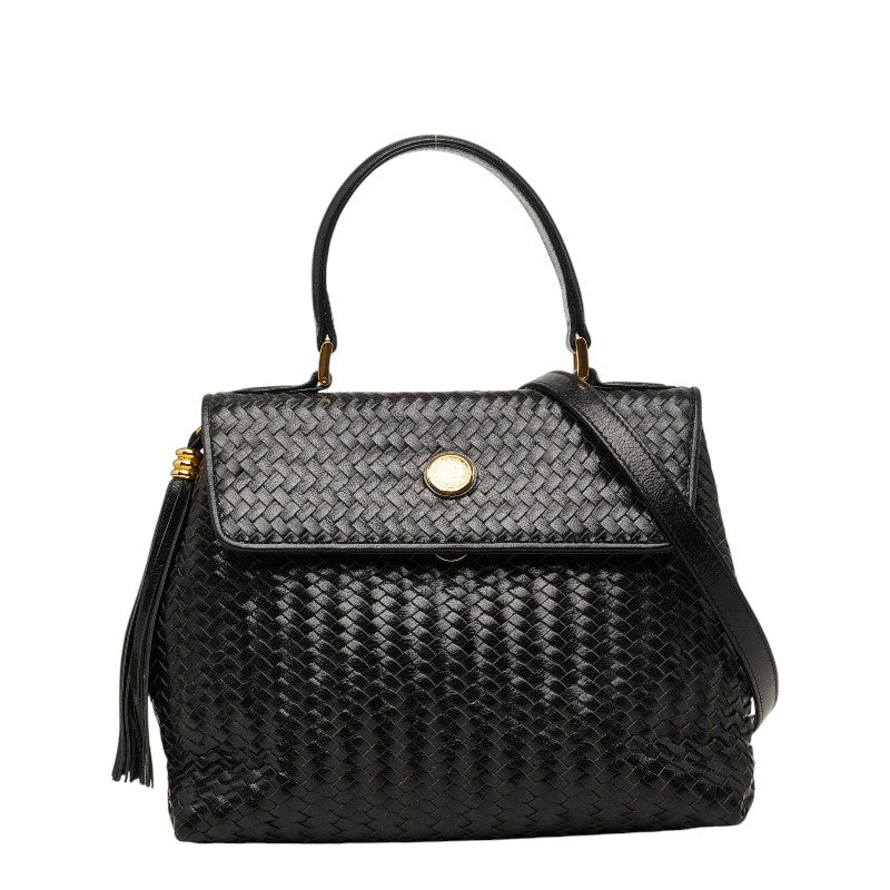 フェンディ フリンジ 編み込み ハンドバッグ ショルダーバッグ 2WAY ブラック レザー レディース FENDI 【中古】