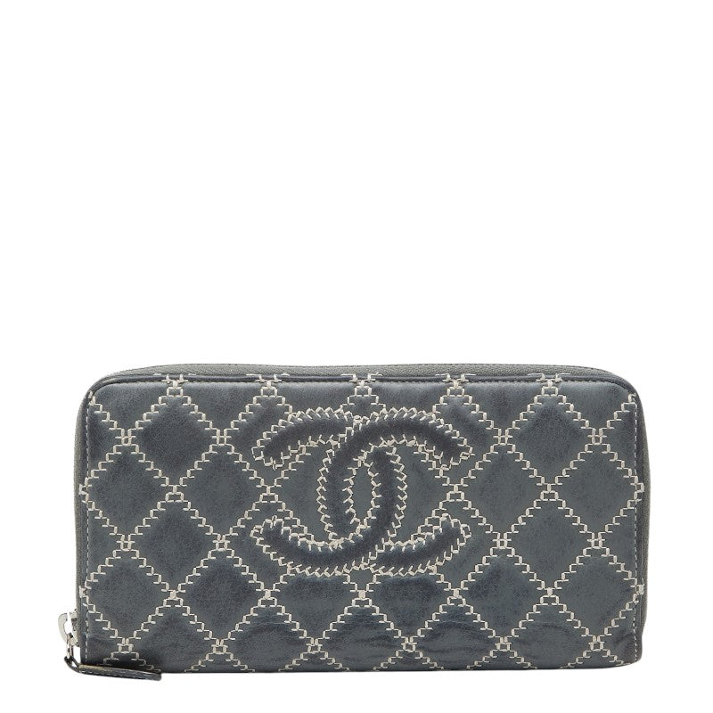 シャネル ココマーク ウルトラステッチ ラウンドジップ 長財布 グレー ラムスキン レディース CHANEL 【中古】