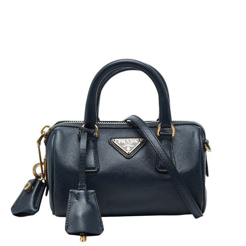 プラダ 三角ロゴプレート ミニハンドバッグ ショルダーバッグ 2WAY ネイビー サフィアーノレザー レディース PRADA 【中古】