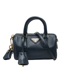 プラダ 三角ロゴプレート ミニハンドバッグ ショルダーバッグ 2WAY ネイビー サフィアーノレザー レディース PRADA 【中古】
