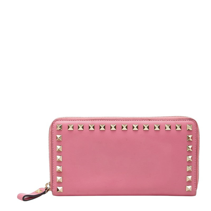 ヴァレンチノ ガラヴァーニ ロックスタッズ ラウンドファスナー 長財布 ピンク レザー メタル レディース Valentino 【中古】