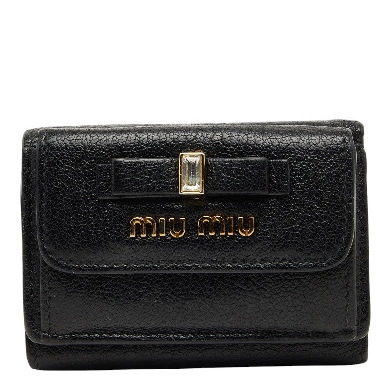 ミュウミュウ マドラス フィオッコ リボン ビジュー 三つ折り財布 ブラック レザー ガラス レディース MIUMIU 【中古】