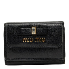 ミュウミュウ マドラス フィオッコ リボン ビジュー 三つ折り財布 ブラック レザー ガラス レディース MIUMIU 【中古】