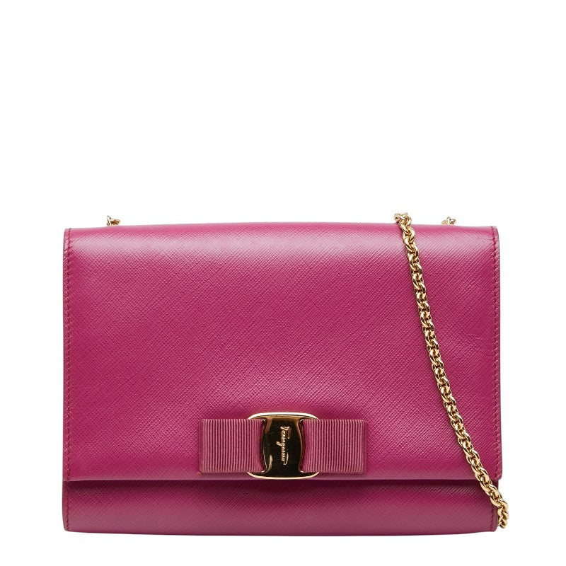サルヴァトーレフェラガモ ヴァラリボン チェーンショルダーバッグ KM-22 B558 パープル レザー レディース Salvatore Ferragamo 【中古】