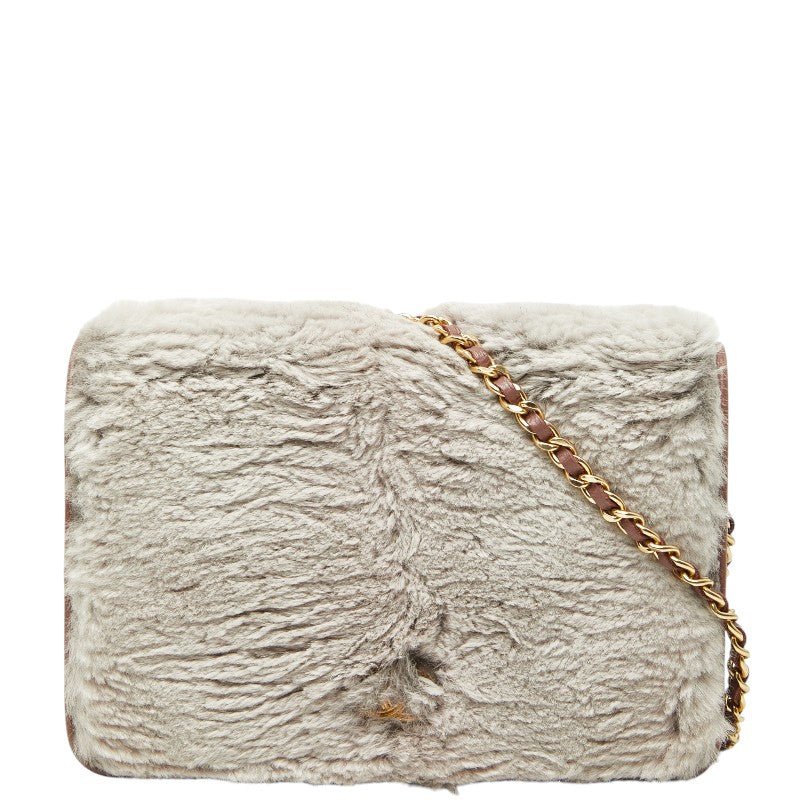 シャネル ココマーク チェーンウォレット ショルダーバッグ グレー ピンク ファー レザー レディース CHANEL 【中古】