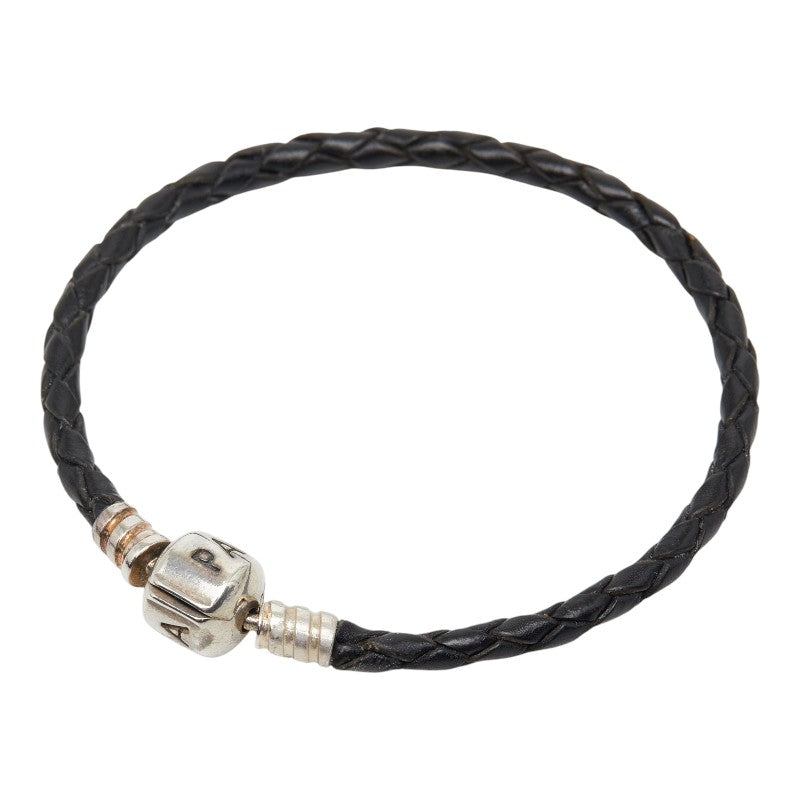 パンドラ 編み込み ブレスレット ブラック レザー レディース PANDORA 【中古】