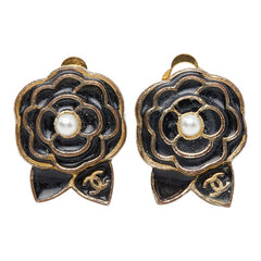 シャネル カメリア ココマーク イヤリング 02A ブラック ゴールド メッキ エナメル フェイクパール レディース CHANEL 【中古】