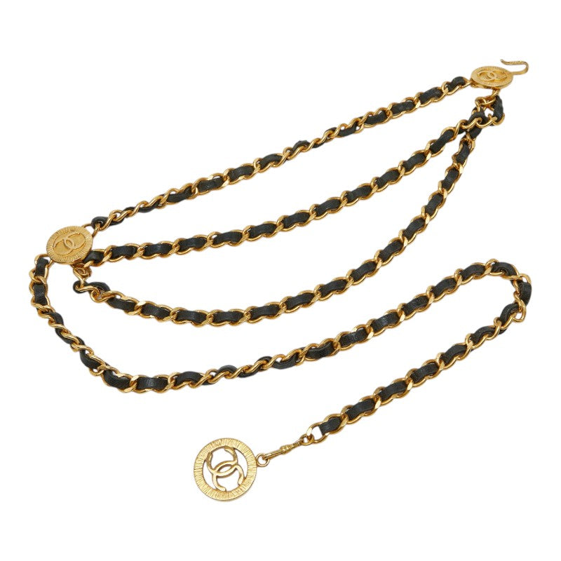 シャネル ココマーク ヴィンテージ チェーンベルト ゴールド ブラック レザー メッキ レディース CHANEL 【中古】