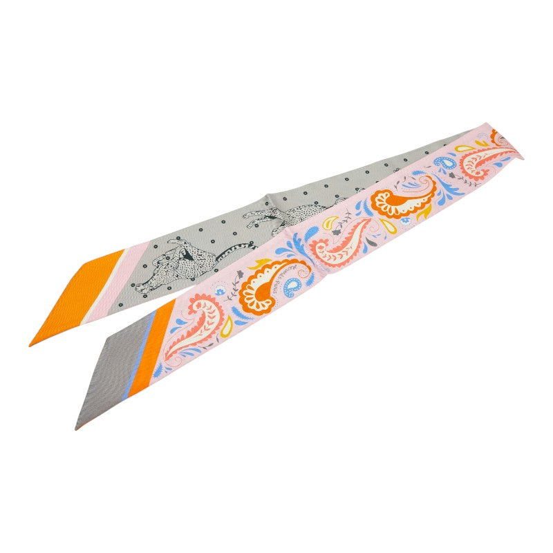エルメス ツイリー GUEPARDS BANDANA ペイズリー柄 豹 パンテール スカーフ グレー ピンク シルク レディース HERMES 【中古】