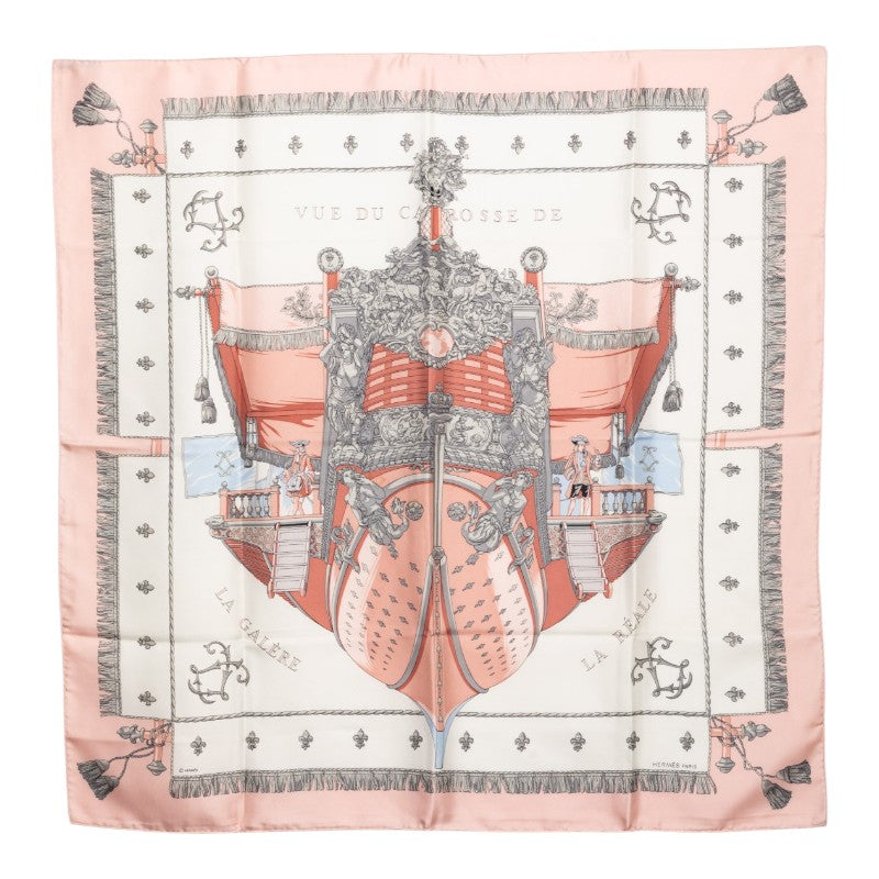 エルメス カレ90 クイーン戴冠式 VUE DU CARROSSE DE LA GALERE LA REALE スカーフ ピンク ホワイト シルク レディース HERMES 【中古】