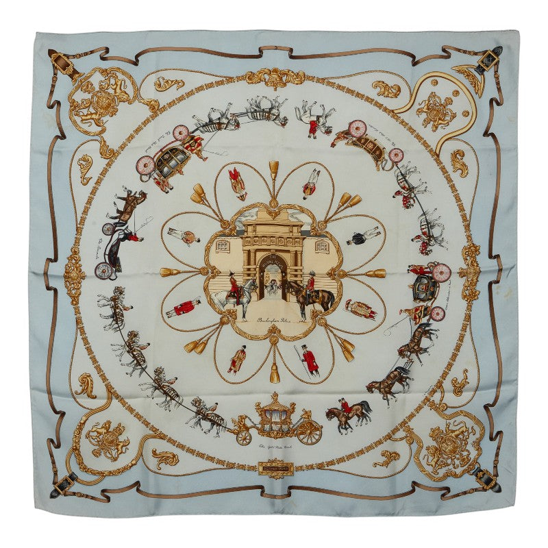 エルメス カレ90 THE ROYAL MEWS 王室の馬小屋 スカーフ ライトブルー シルク レディース HERMES 【中古】