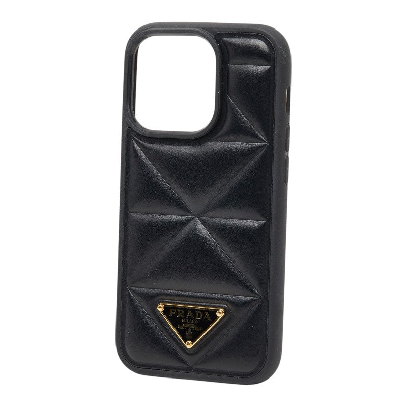 プラダ 三角ロゴプレート アイフォンケース iPhone 14Pro スマホケース ブラック レザー プラスチック ユニセックス PRADA 【中古】