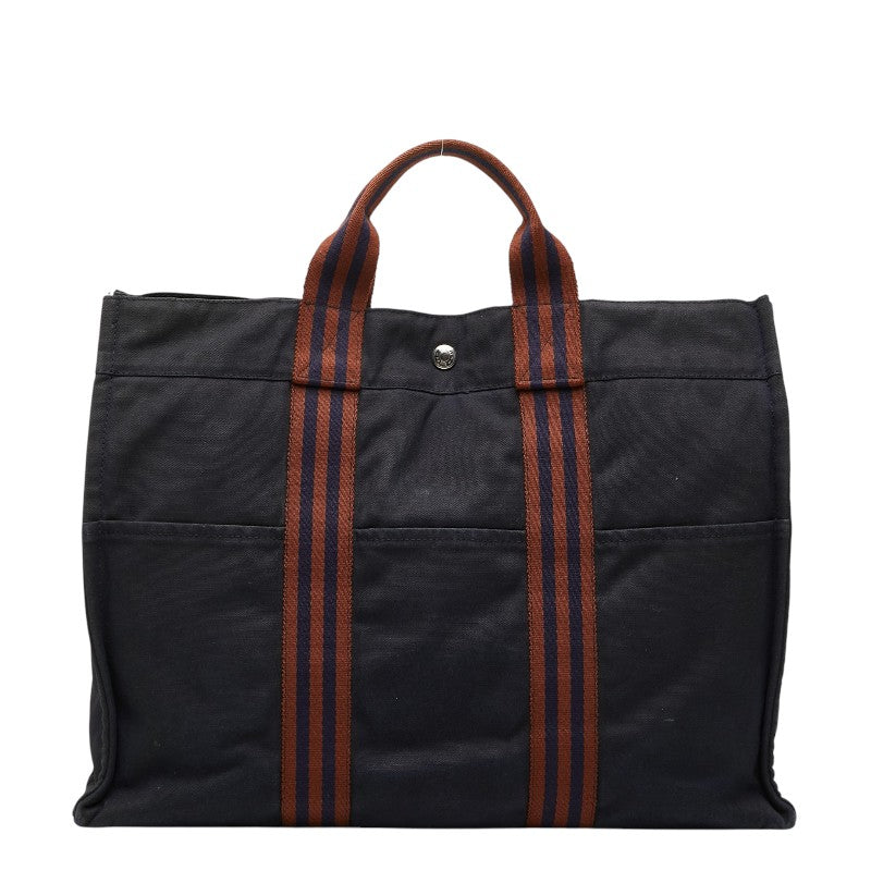 エルメス フールトゥ トートMM ハンドバッグ トートバッグ ネイビー ブラウン キャンバス レディース HERMES 【中古】