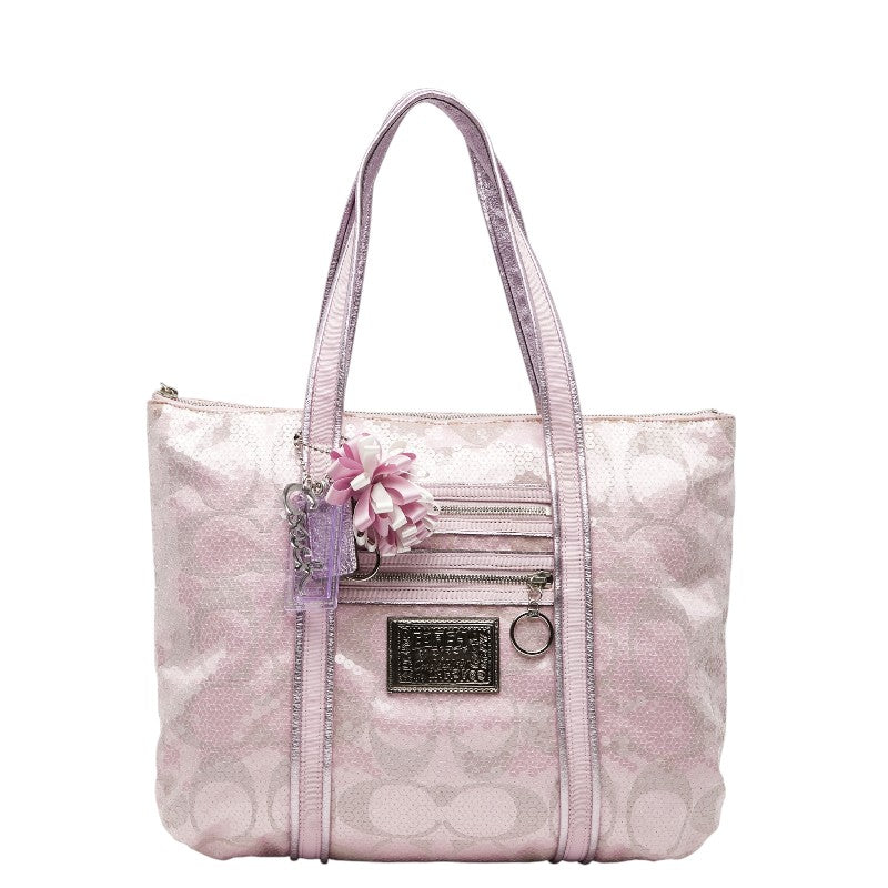 コーチ トートバッグ ピンク キャンバス レザー スパンコール レディース COACH 【中古】
