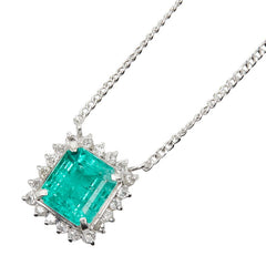 Pt850 プラチナ エメラルド1.10ct ダイヤ0.14ct フラワーモチーフ ペンダント ネックレス レディース 【中古】