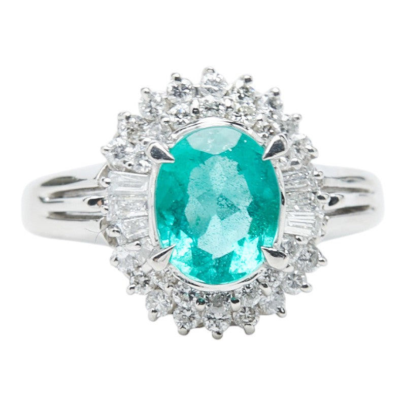 Pt850 プラチナ エメラルド1.16ct ダイヤ0.48ct フラワーモチーフ リング 指輪 レディース 8号 【中古】