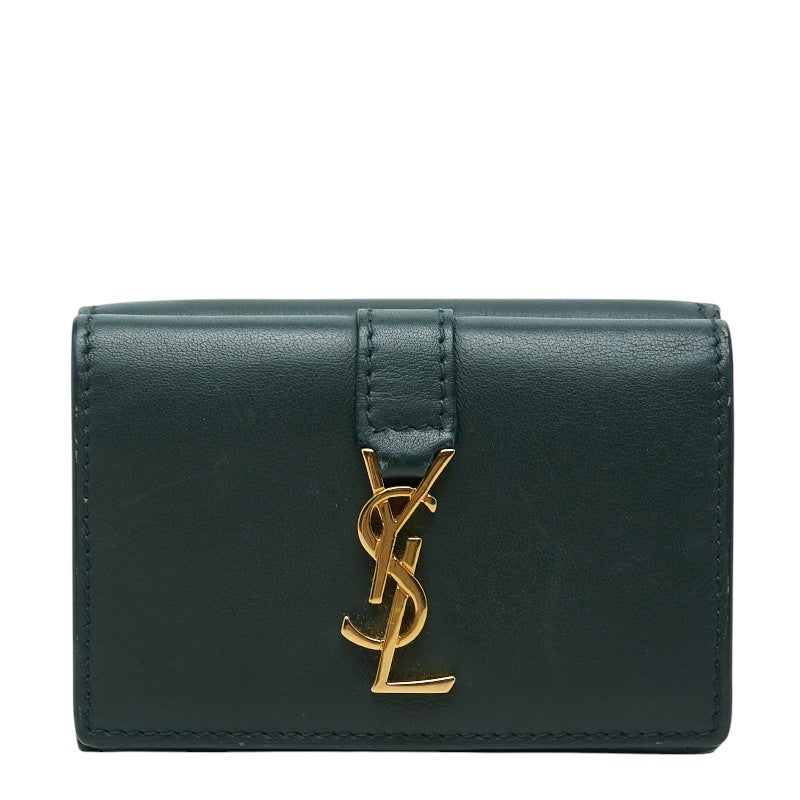 サンローラン YSLロゴ 三つ折り財布 コンパクトウォレット グリーン レザー レディース SAINT LAURENT 【中古】