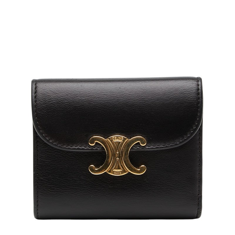 セリーヌ トリオンフ スモール フラップウォレット 三つ折り財布 ブラック レザー レディース CELINE 【中古】