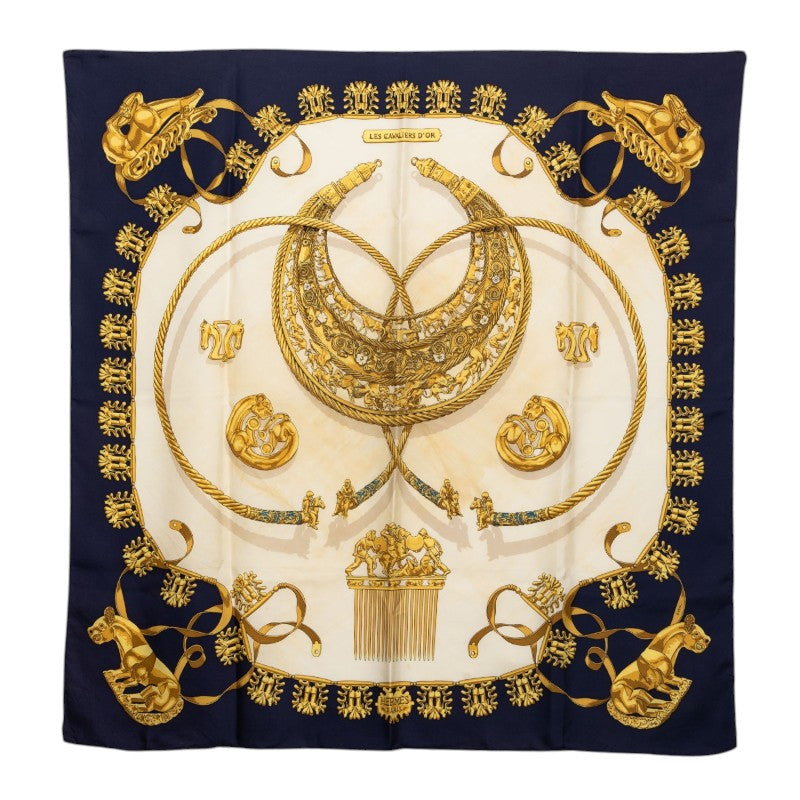 エルメス カレ90 黄金の騎士 LES CAVALIERS D'OR スカーフ ホワイト ネイビー シルク レディース HERMES 【中古】