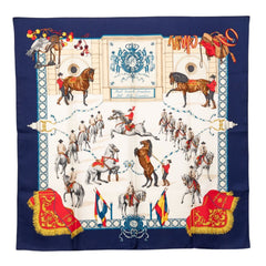 エルメス カレ90 王立アンダルシア馬術学校 Real Escuela Andaluza del Arte Ecuestre スカーフ ネイビー ホワイト シルク レディース HERMES 【中古】