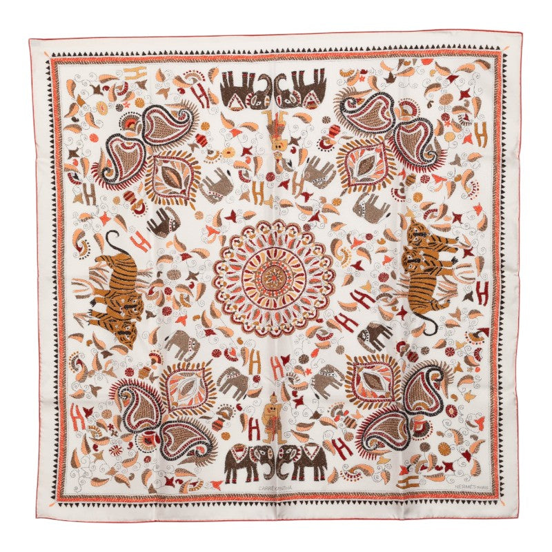 エルメス カレ90 Kantha カンタ スカーフ 大判 ホワイト マルチカラー シルク レディース HERMES 【中古】