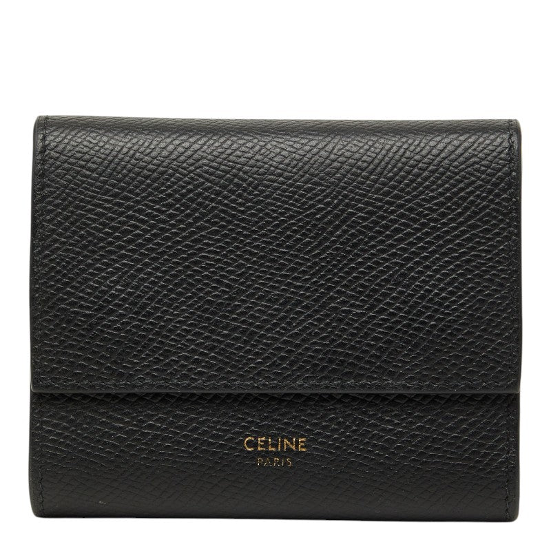セリーヌ スモール トリフォールドウォレット 三つ折り財布 コンパクト ブラック グレインカーフレザー レディース CELINE 【中古】