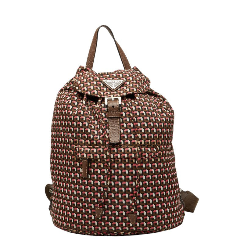 プラダ 三角ロゴプレート リュック バックパック BZ0032 ブラウン ピンク ナイロン レザー レディース PRADA 【中古】