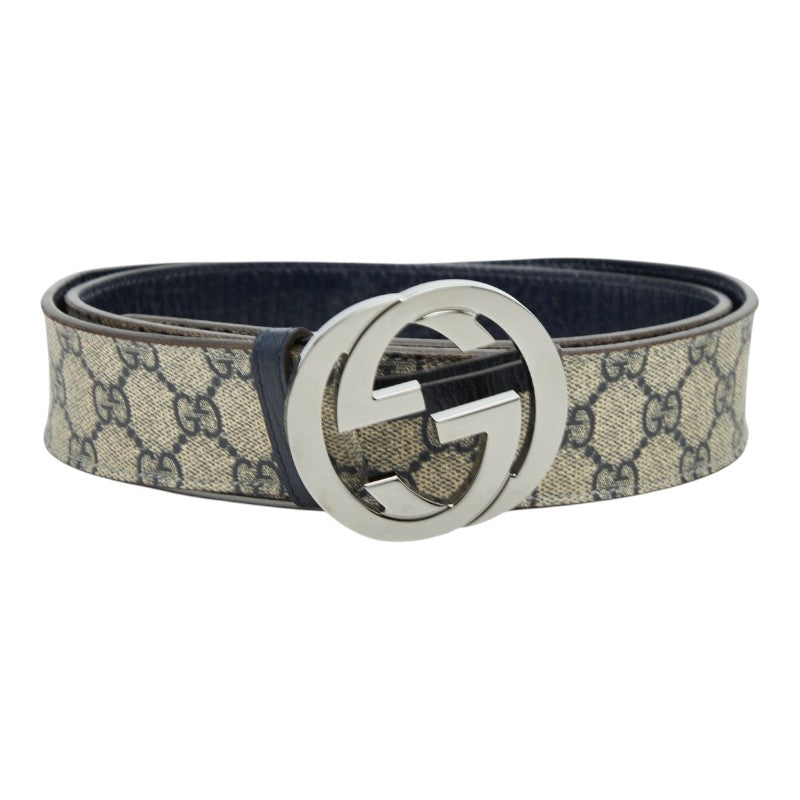 グッチ GGスプリーム インターロッキングG ベルト サイズ:100/40 114984 ベージュ ネイビー PVC レザー メンズ GUCCI 【中古】