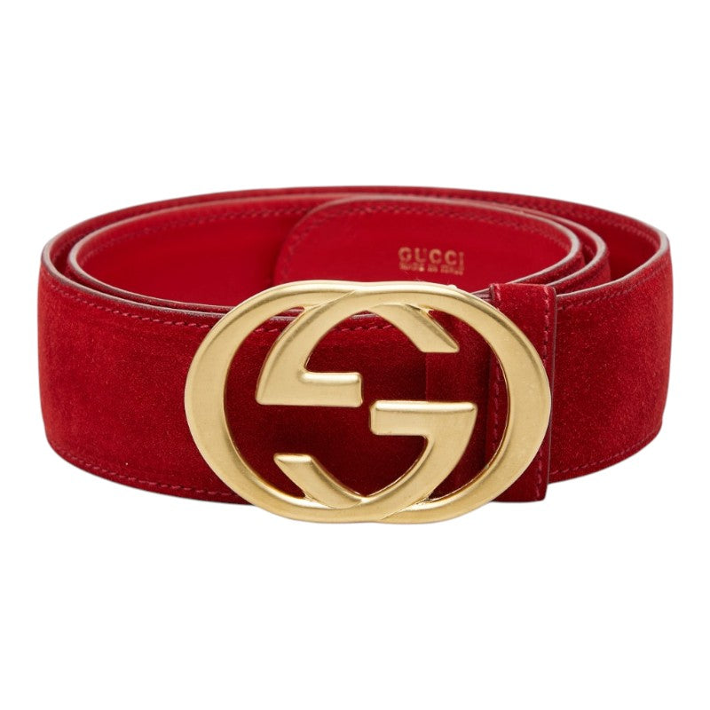 グッチ インターロッキングG ベルト サイズ:85/34 037 01/13 1510 レッド スウェード レザー メンズ GUCCI 【中古】