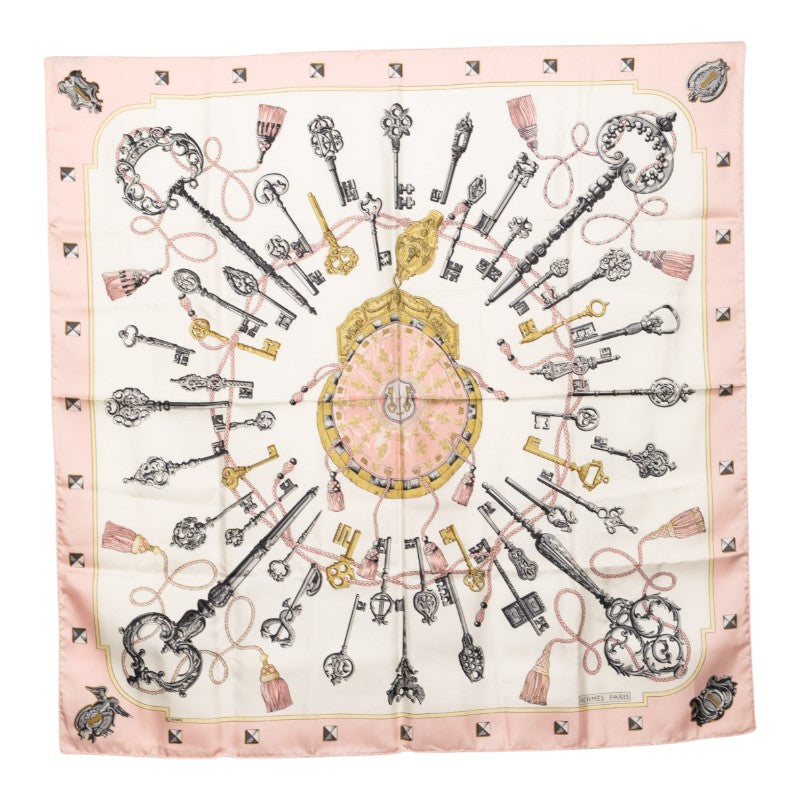 エルメス カレ90 LES CLES 鍵 スカーフ ピンク マルチカラー シルク レディース HERMES 【中古】