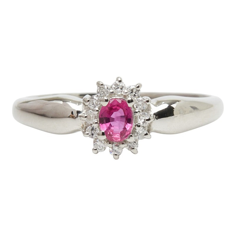 Pt900 プラチナ ルビー ダイヤ0.08ct フラワーモチーフ リング 指輪 レディース 11号 【中古】