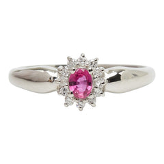 Pt900 プラチナ ルビー ダイヤ0.08ct フラワーモチーフ リング 指輪 レディース 11号 【中古】